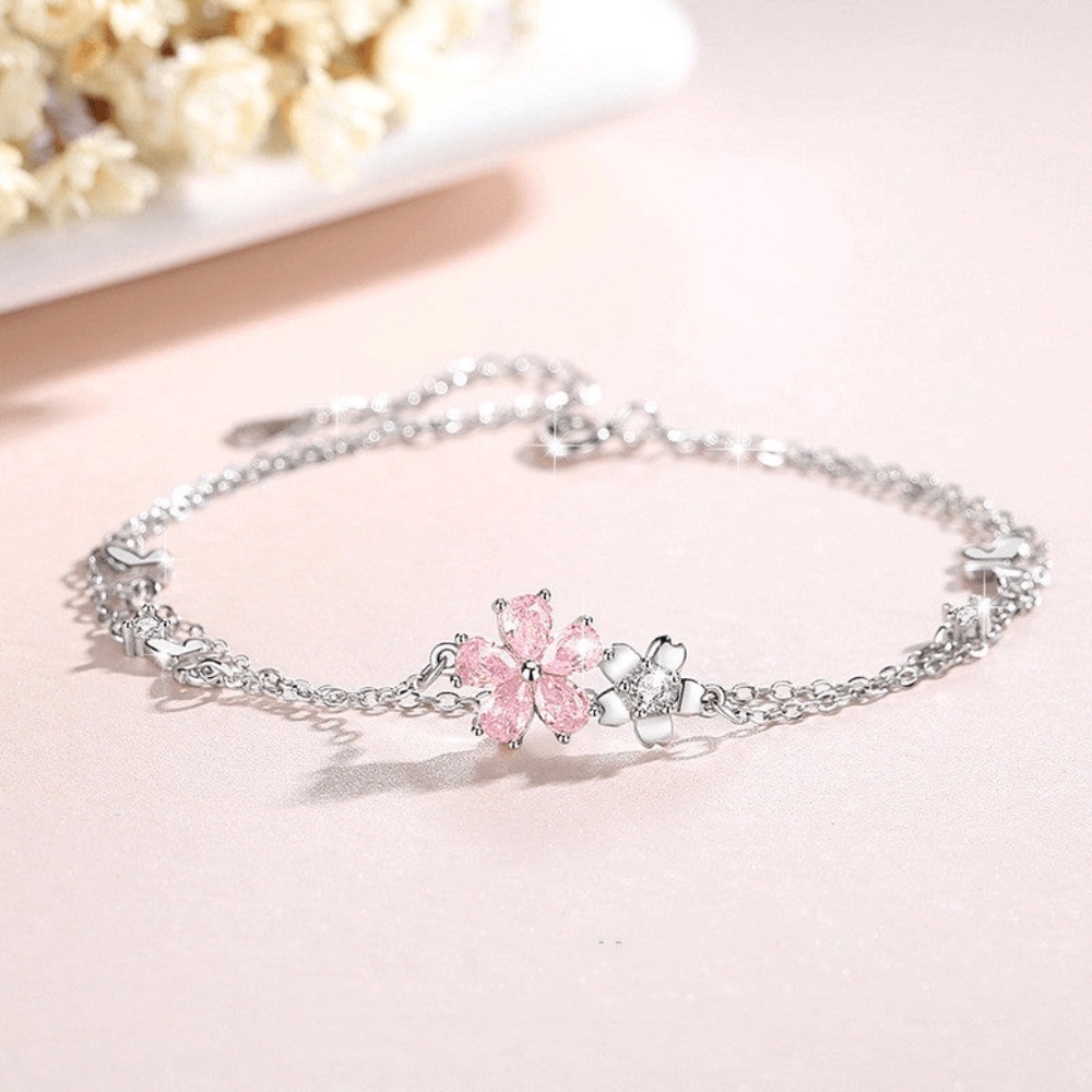 Pink Cherry Blossom Charm Bracelet in 925 Sterling